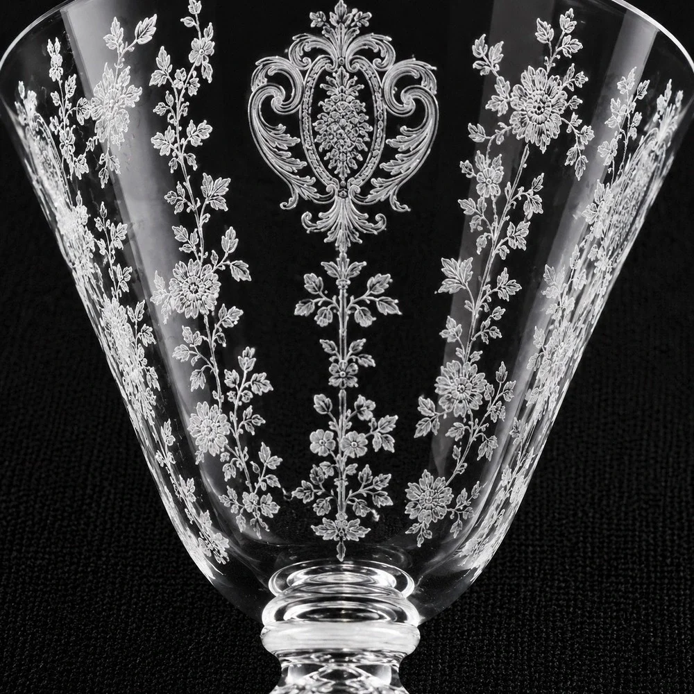 Cambridge Rose Point Tall Sherbet Champagne Coupes Stem Set of 2 Etched Glass